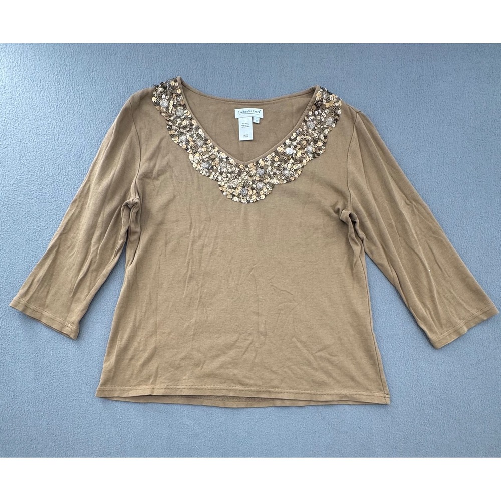 VTG Y2K Coldwater Creek Sequin Top M Tan 3/4 Sleeve V-Neck Cotton Boho Earthy